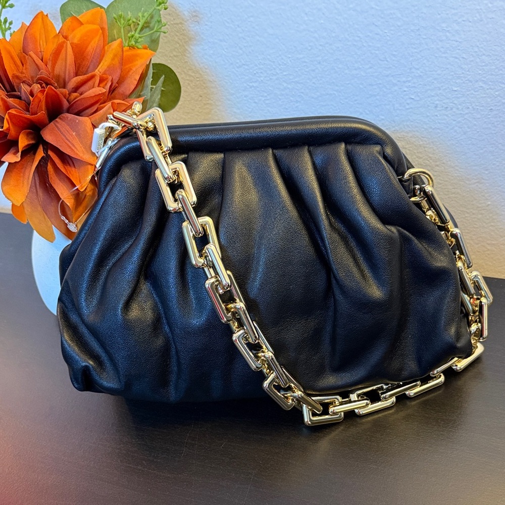 Urban Expression Black Cassie Quilted Vegan Shoulder Bag with Gold Chain
